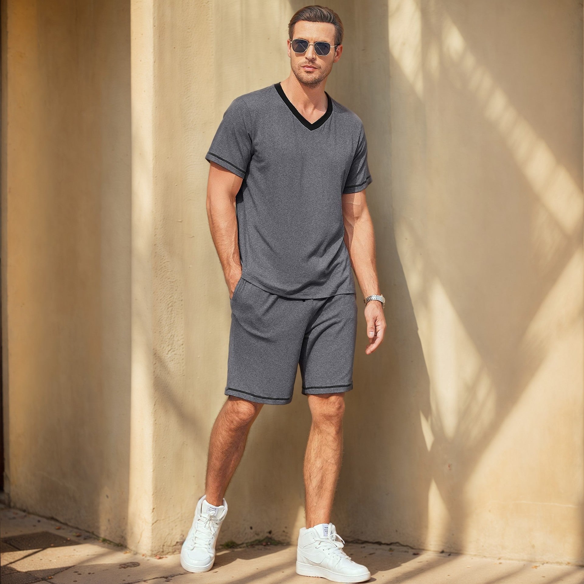 Men's Set Short Sleeve Shorts Two-Piece Color Block Sportswear
