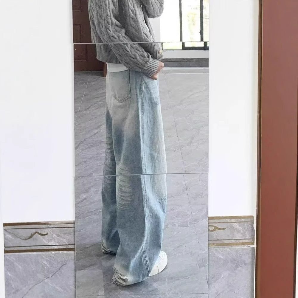 Street Washed Vintage Denim Pants Women Straight Loose Vibe Style Casual Long Trousers
