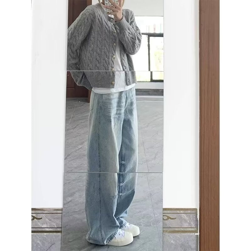 Street Washed Vintage Denim Pants Women Straight Loose Vibe Style Casual Long Trousers
