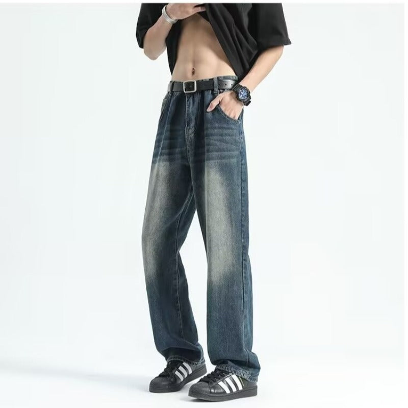 Retro washed gradient denim micro flared high street wide leg pants