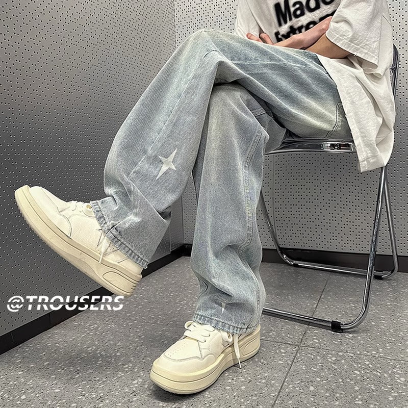 Washed Light Blue Denim Pants Men Loose American Retro Hip Hop Streetwear Trendy Straight Leg Pants
