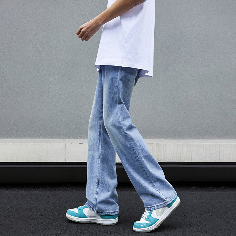 Washed blue semi elastic micro flared jeans