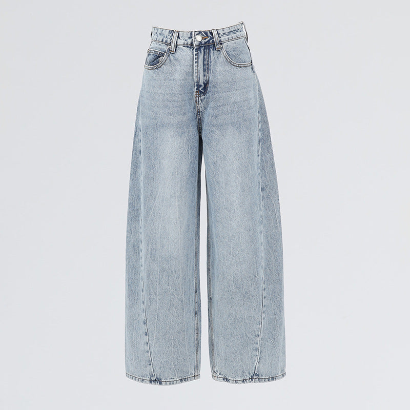 Women's Shallow Blue Wide-Leg Jeans Loose Slim High-Waist Floor-Length Pants