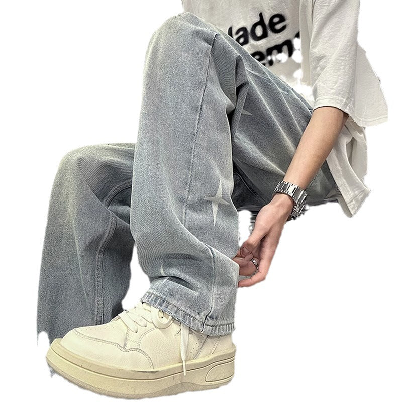 Washed Light Blue Denim Pants Men Loose American Retro Hip Hop Streetwear Trendy Straight Leg Pants