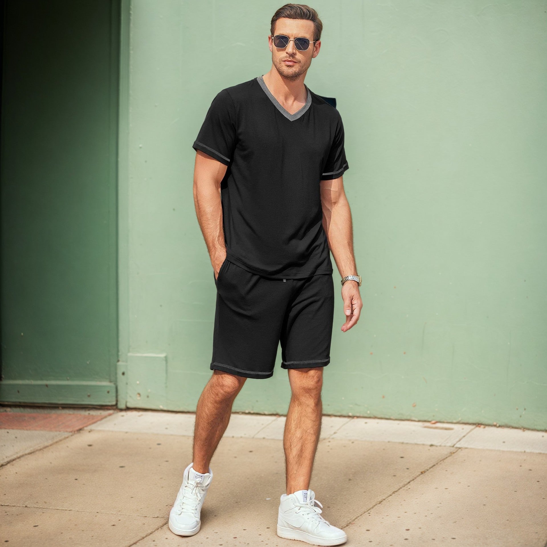 Men's Set Short Sleeve Shorts Two-Piece Color Block Sportswear