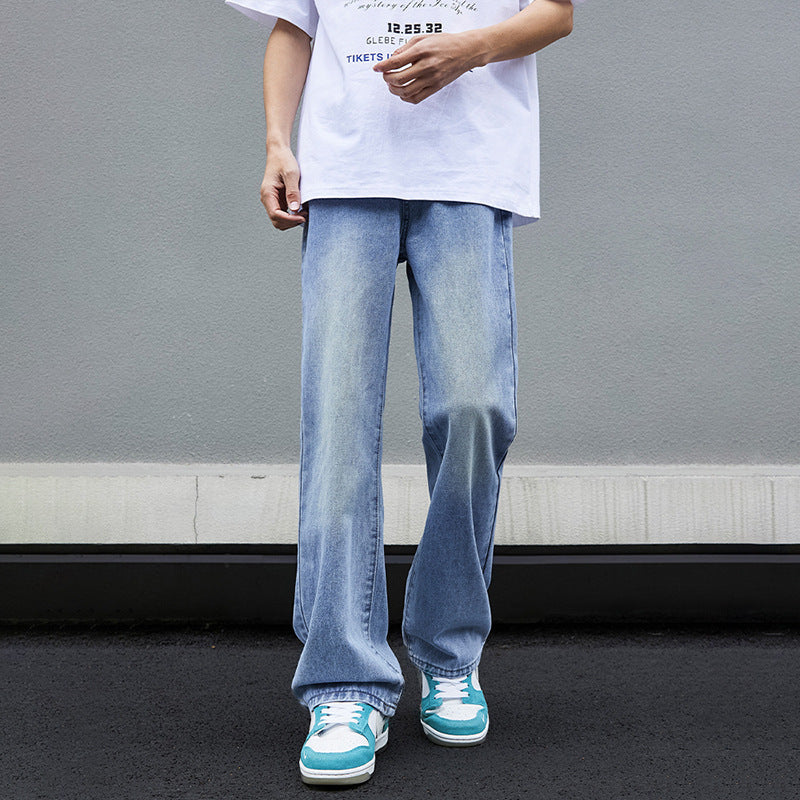 Washed blue semi elastic micro flared jeans