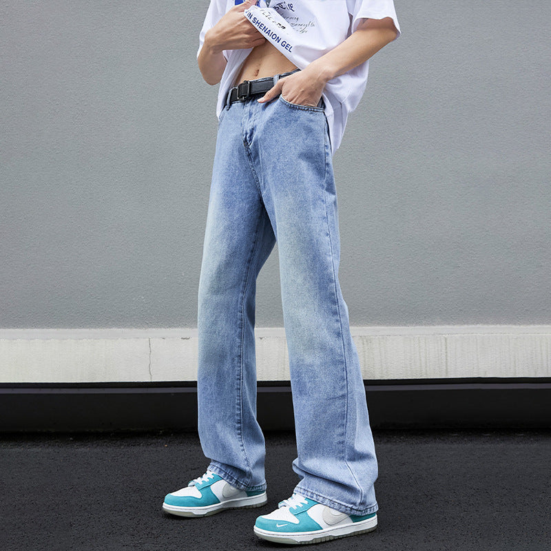 Washed blue semi elastic micro flared jeans