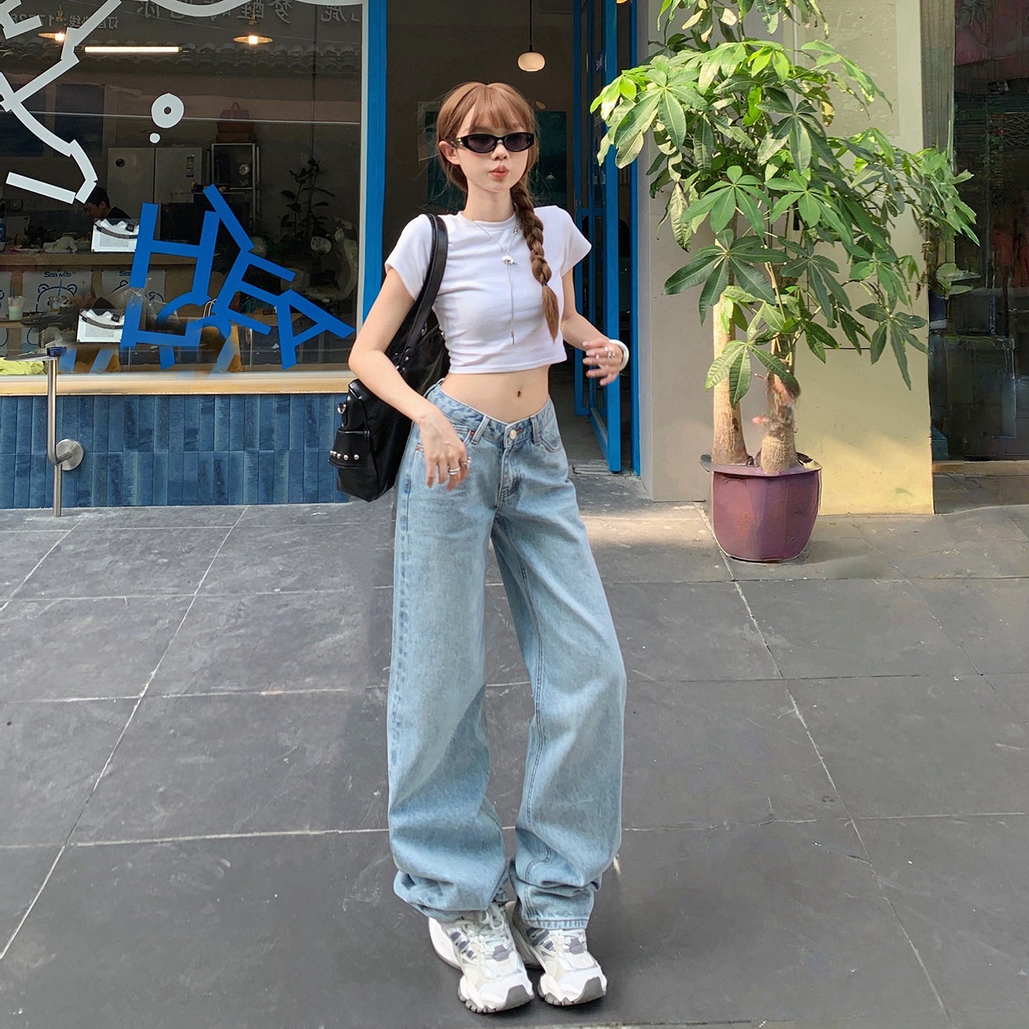 Washed Blue V-neck Waist Straight Leg Jeans Women Loose Slimming High-waisted Versatile Drape Floor-length Pants