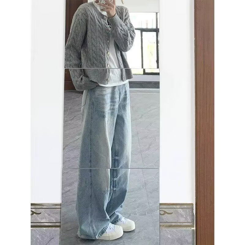 Street Washed Vintage Denim Pants Women Straight Loose Vibe Style Casual Long Trousers