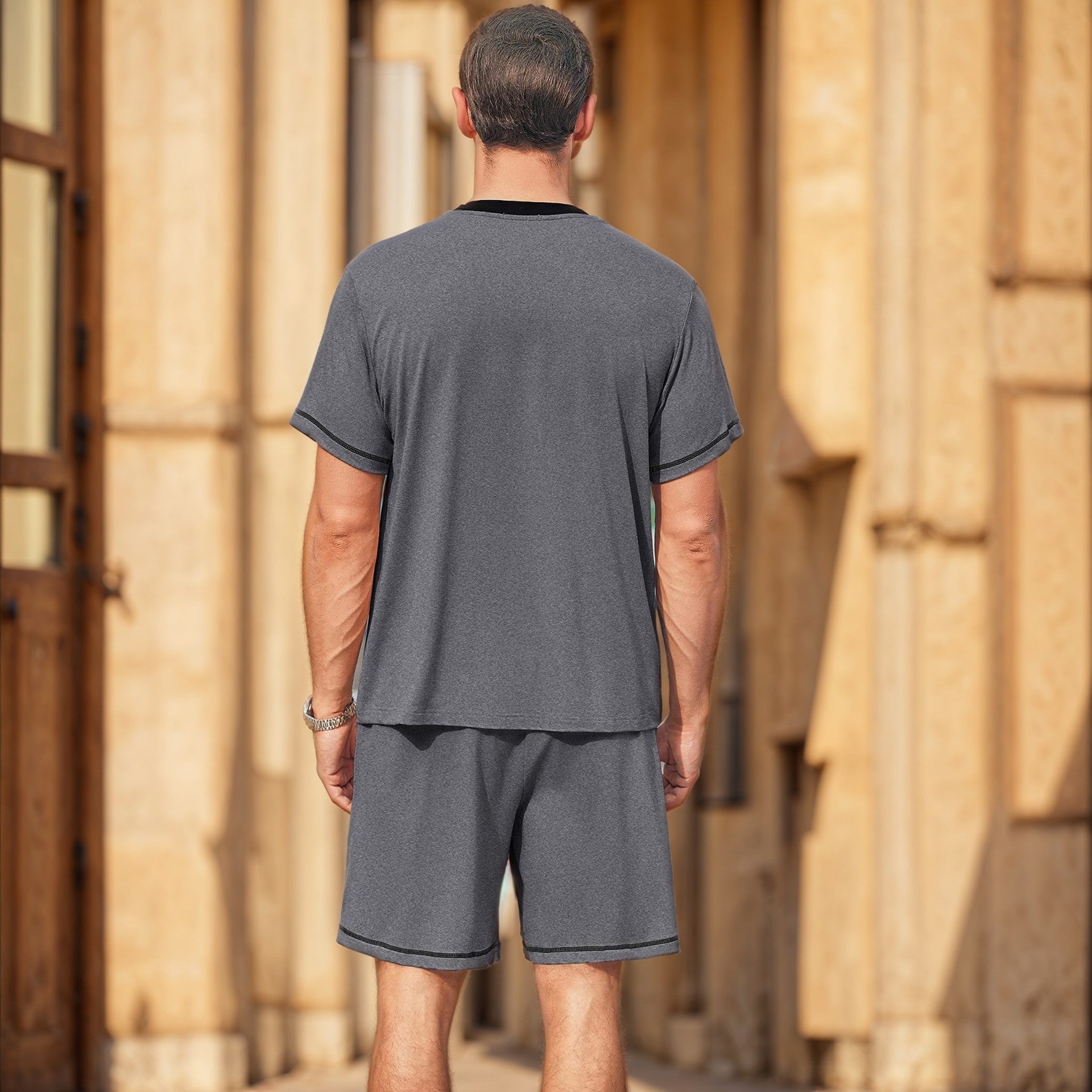 Men's Set Short Sleeve Shorts Two-Piece Color Block Sportswear