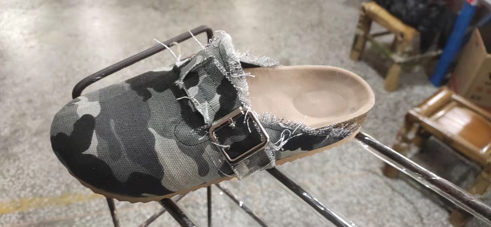 Women's faux suede wedge slippers showcasing camouflage and leopard styles