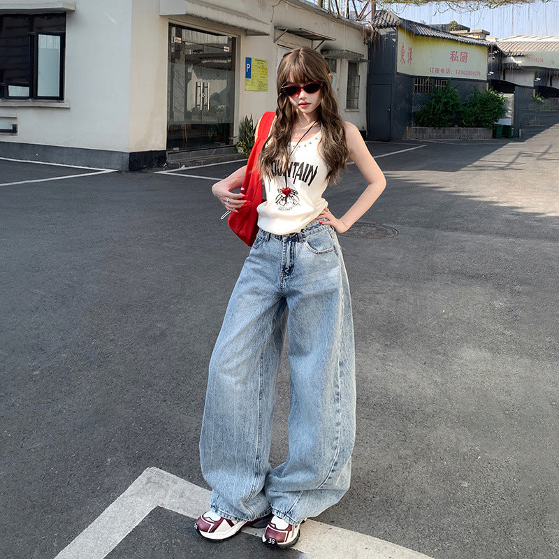 Women's Shallow Blue Wide-Leg Jeans Loose Slim High-Waist Floor-Length Pants