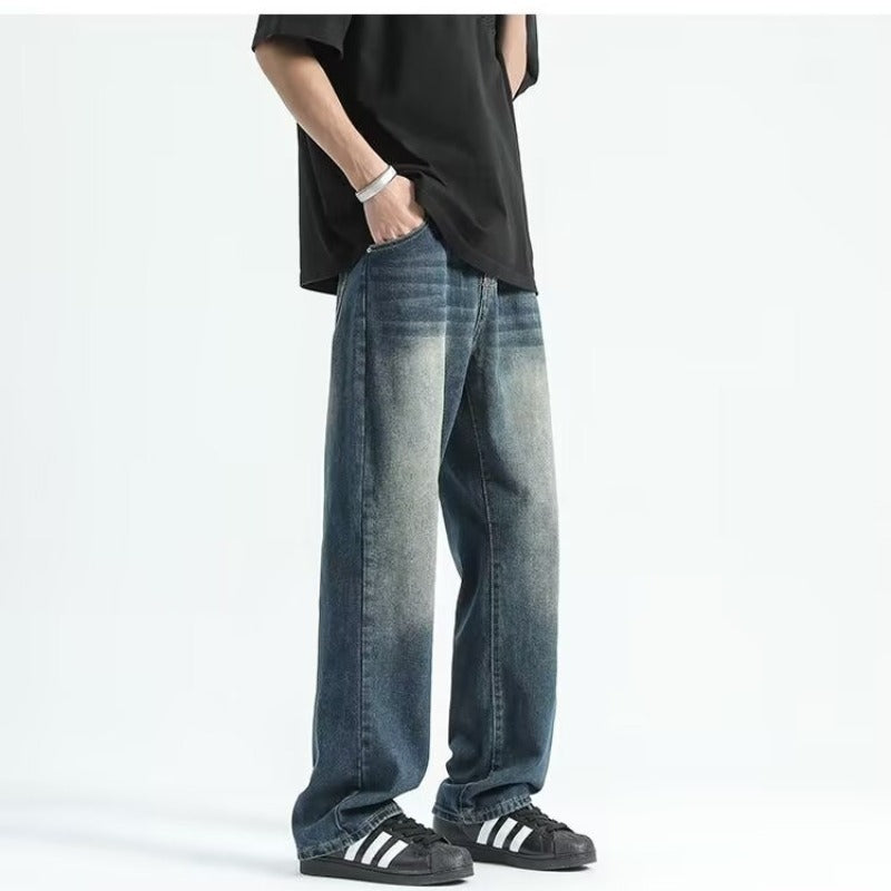 Retro washed gradient denim micro flared high street wide leg pants