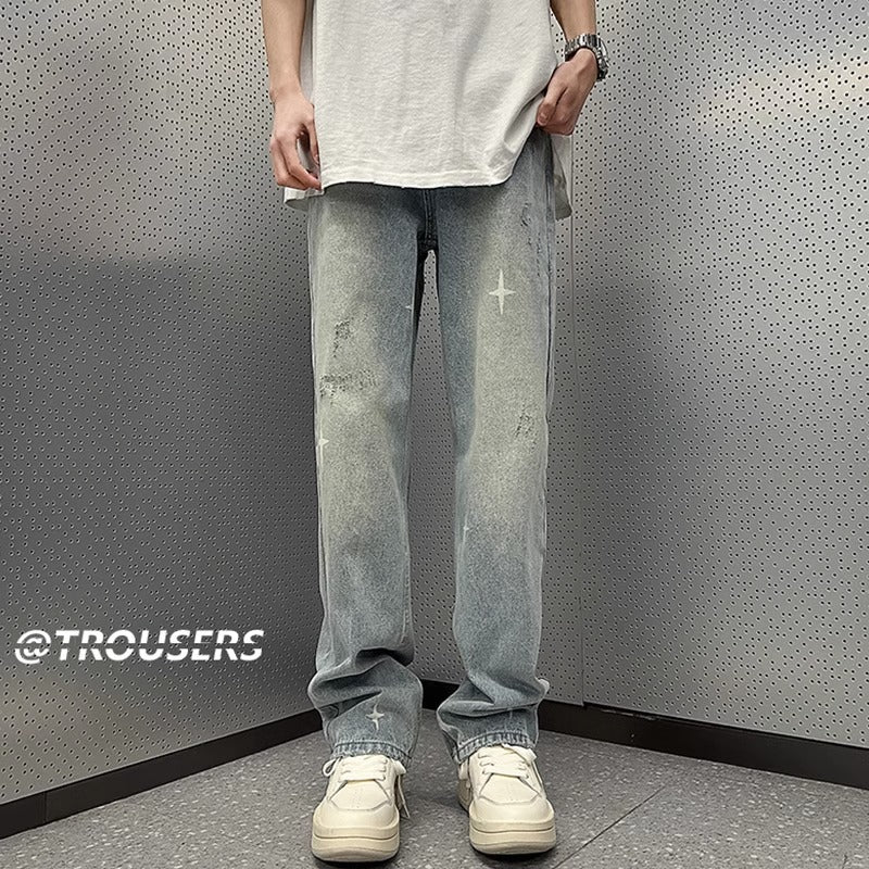Washed Light Blue Denim Pants Men Loose American Retro Hip Hop Streetwear Trendy Straight Leg Pants