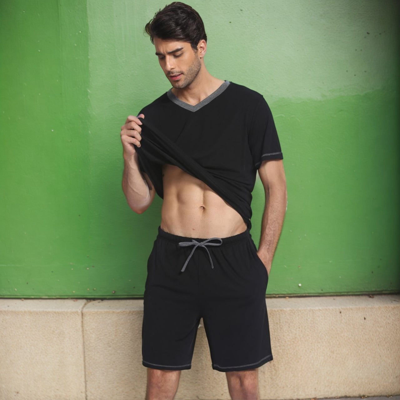 Men's Set Short Sleeve Shorts Two-Piece Color Block Sportswear