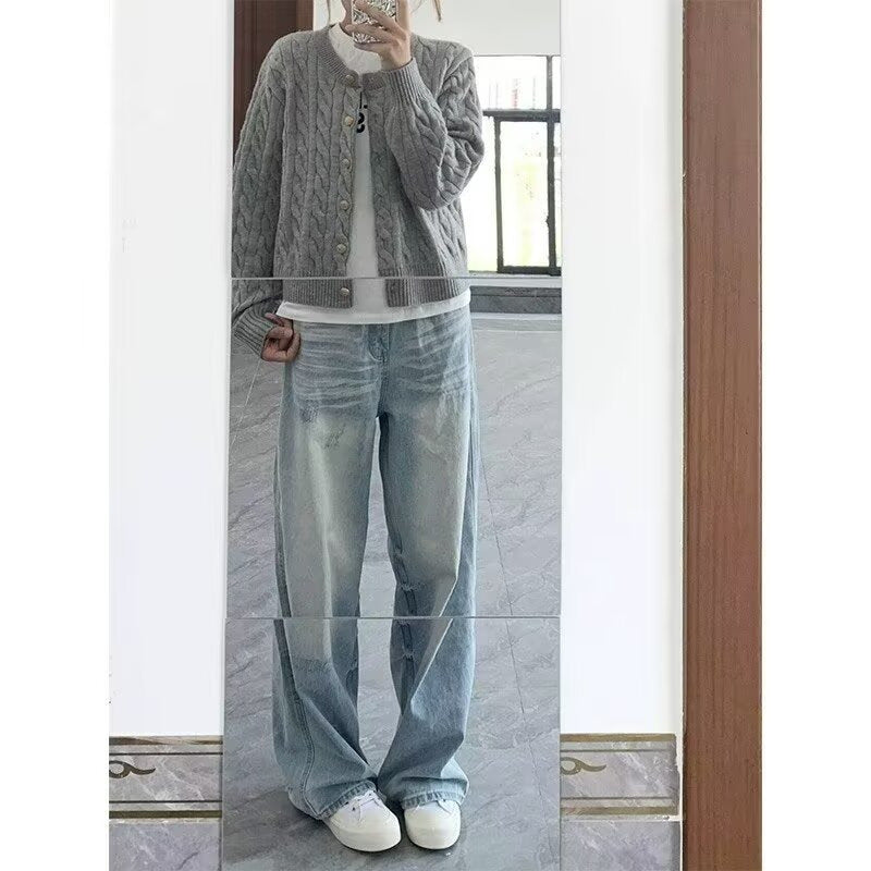 Street Washed Vintage Denim Pants Women Straight Loose Vibe Style Casual Long Trousers