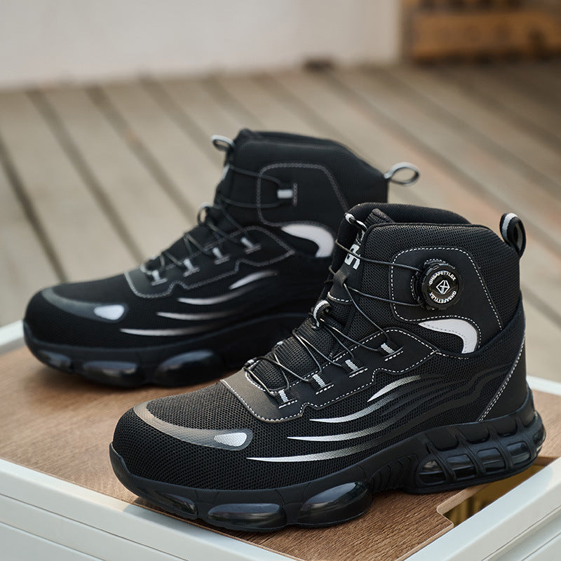 Safety Work Shoes for Men Summer Mesh Breathable Anti-Slip Rotating Buckle No-Tie Labor Protection Shoe