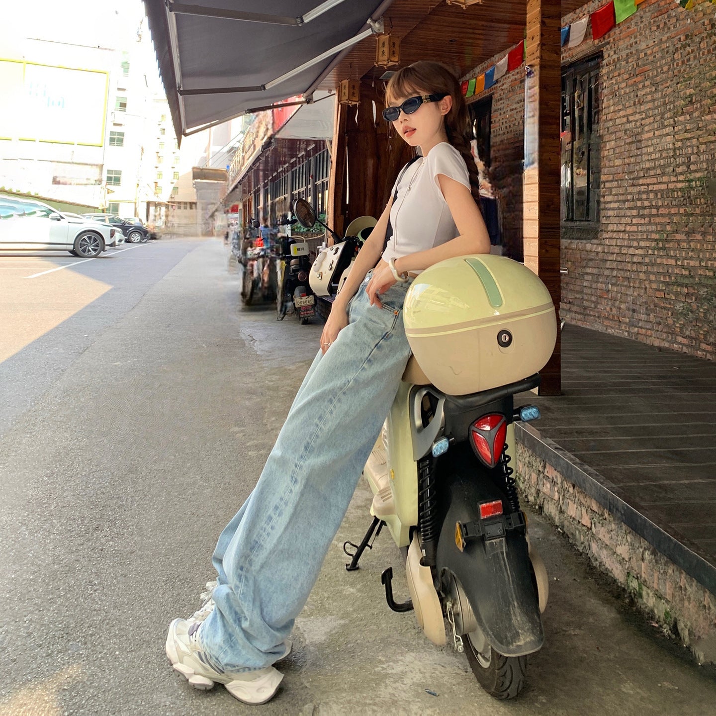 Washed Blue V-neck Waist Straight Leg Jeans Women Loose Slimming High-waisted Versatile Drape Floor-length Pants