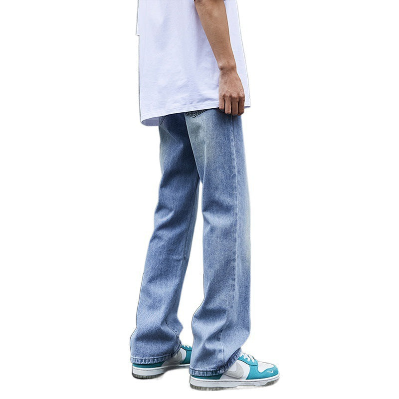 Washed blue semi elastic micro flared jeans