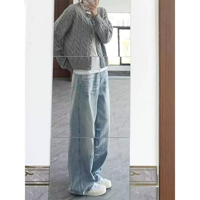 Street Washed Vintage Denim Pants Women Straight Loose Vibe Style Casual Long Trousers