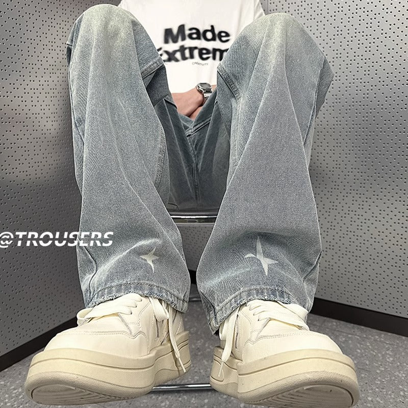 Washed Light Blue Denim Pants Men Loose American Retro Hip Hop Streetwear Trendy Straight Leg Pants