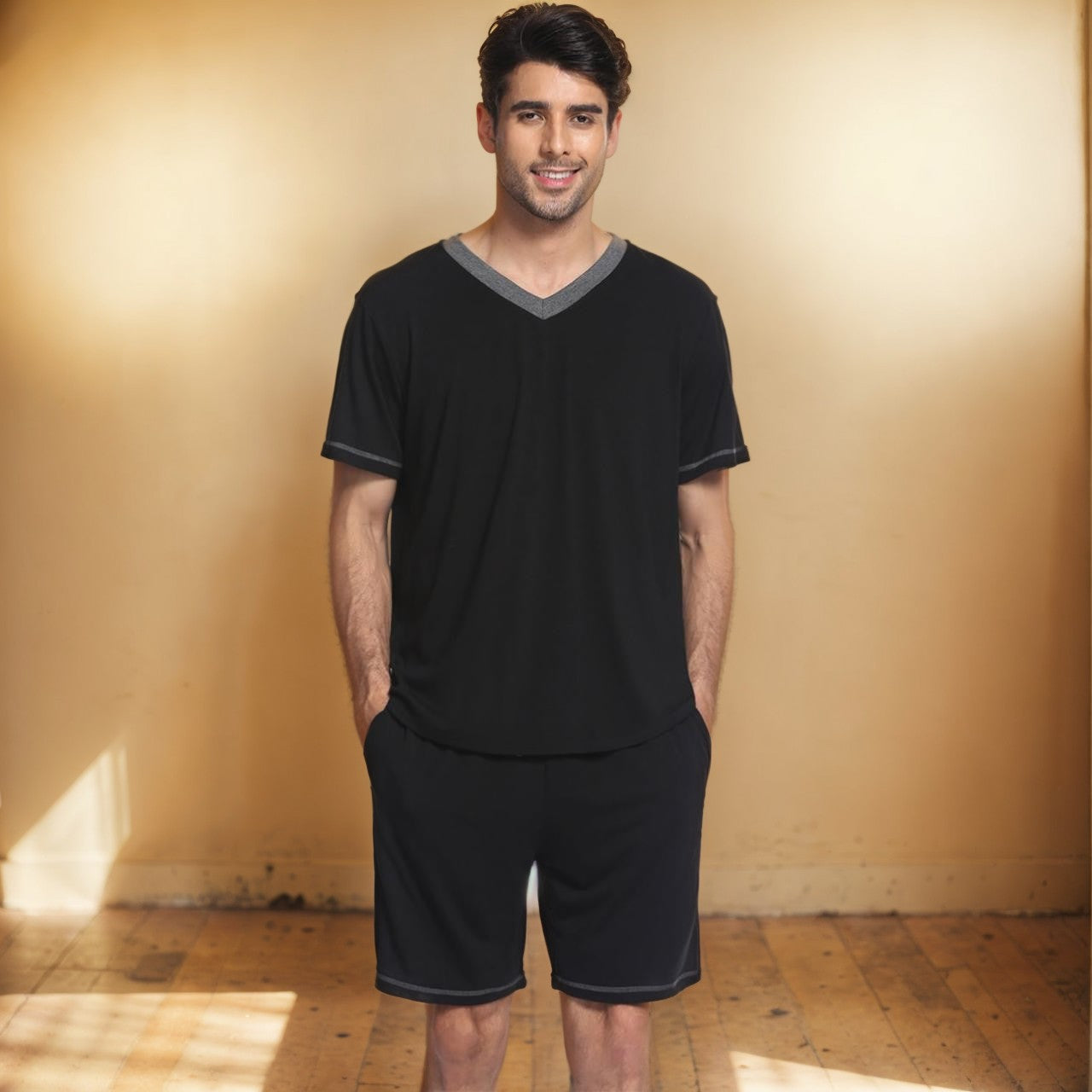 Men's Set Short Sleeve Shorts Two-Piece Color Block Sportswear