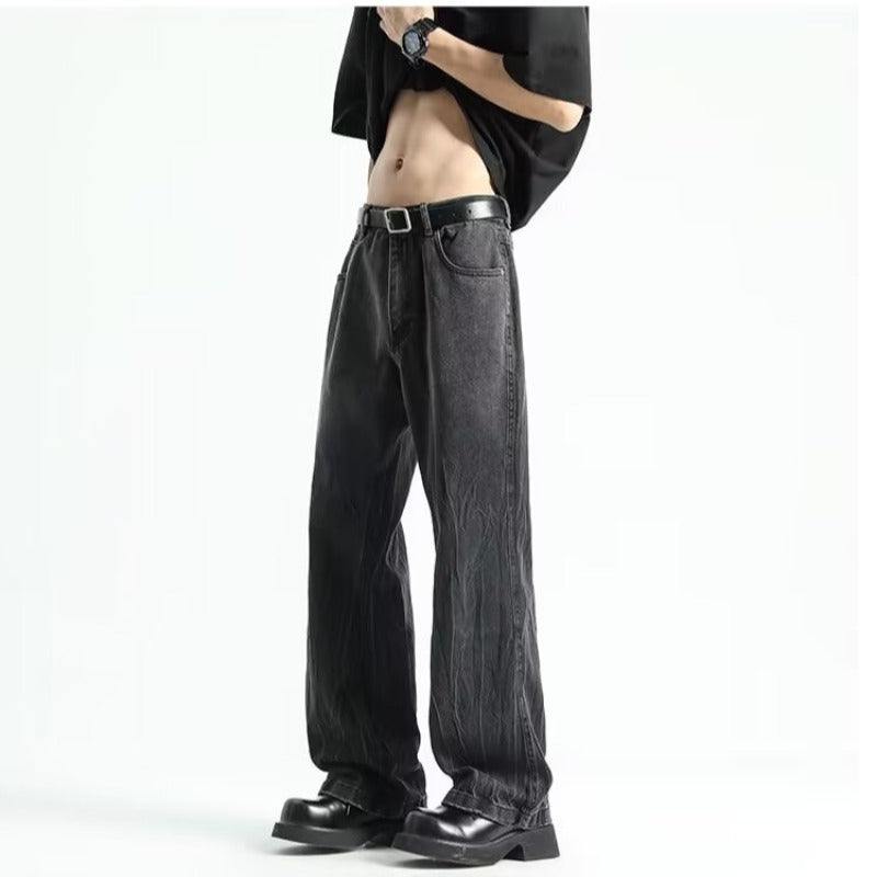Retro washed gradient denim micro flared high street wide leg pants