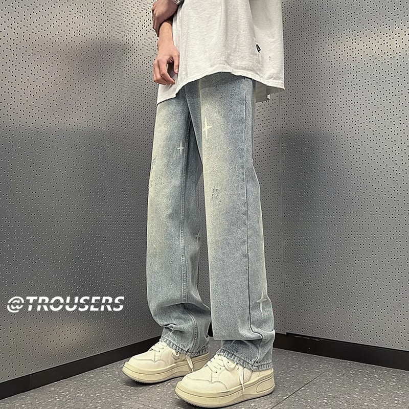 Washed Light Blue Denim Pants Men Loose American Retro Hip Hop Streetwear Trendy Straight Leg Pants