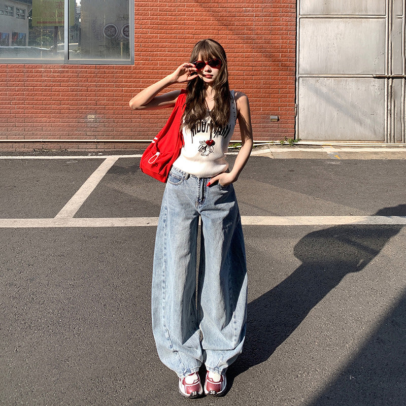 Women's Shallow Blue Wide-Leg Jeans Loose Slim High-Waist Floor-Length Pants