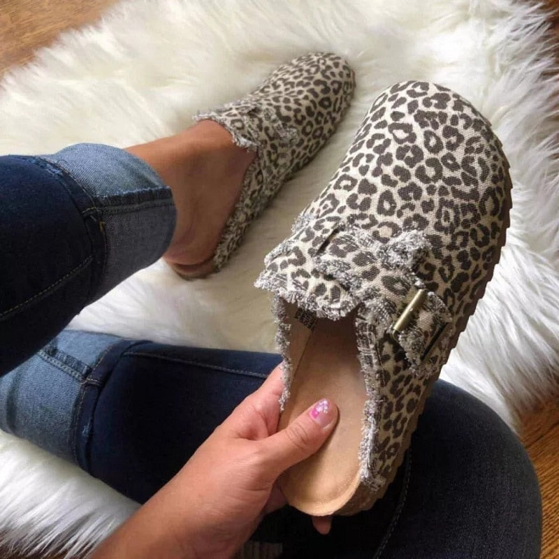 women's faux suede wedge slippers in leopard print design, comfortable and stylish cork mules for casual wear