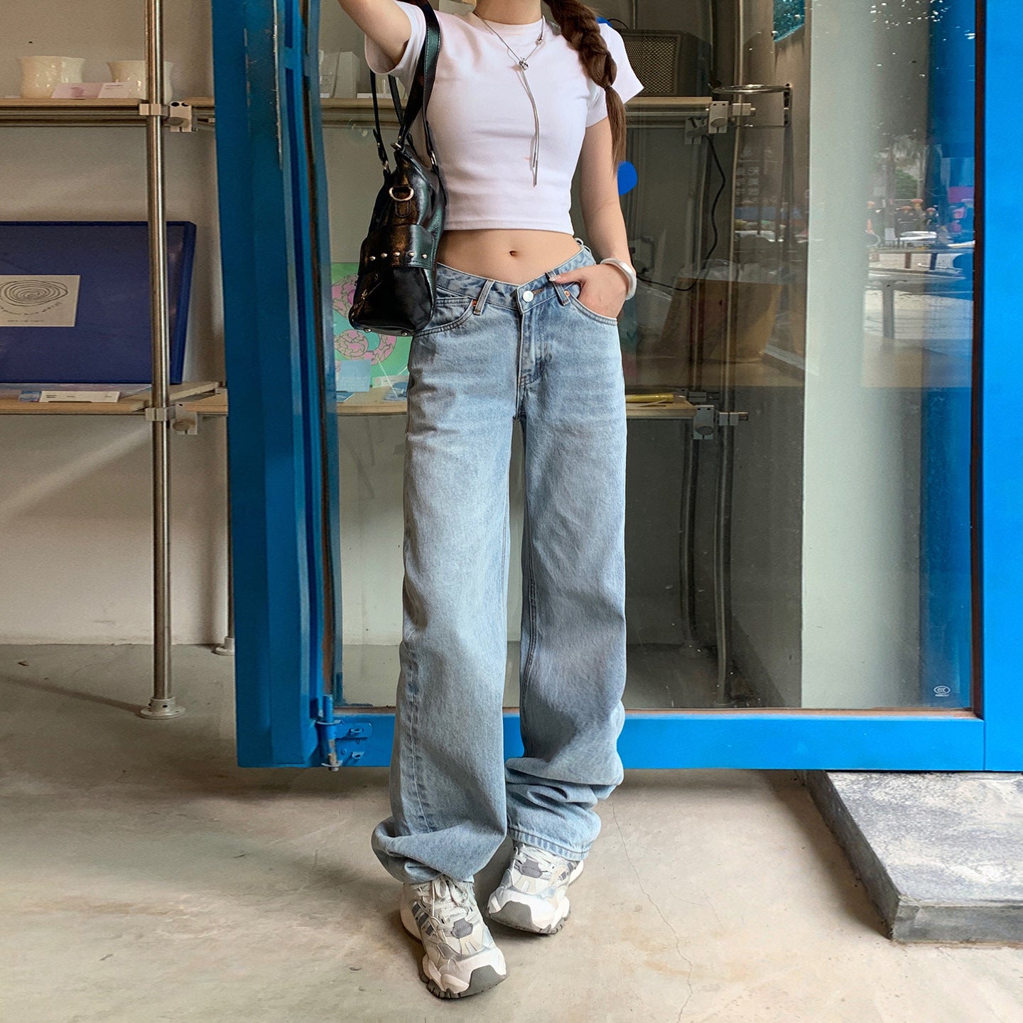 Washed Blue V-neck Waist Straight Leg Jeans Women Loose Slimming High-waisted Versatile Drape Floor-length Pants