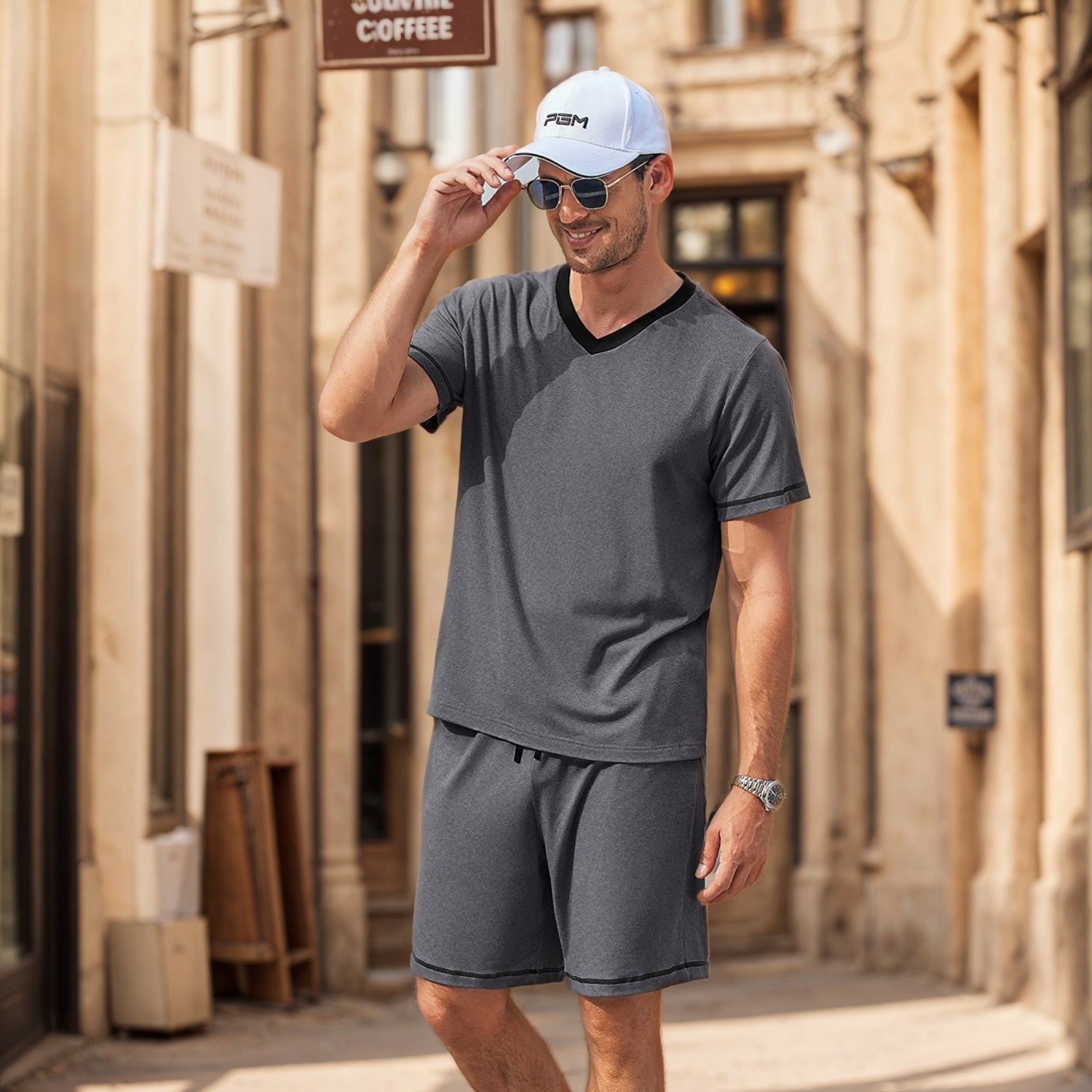 Men's Set Short Sleeve Shorts Two-Piece Color Block Sportswear
