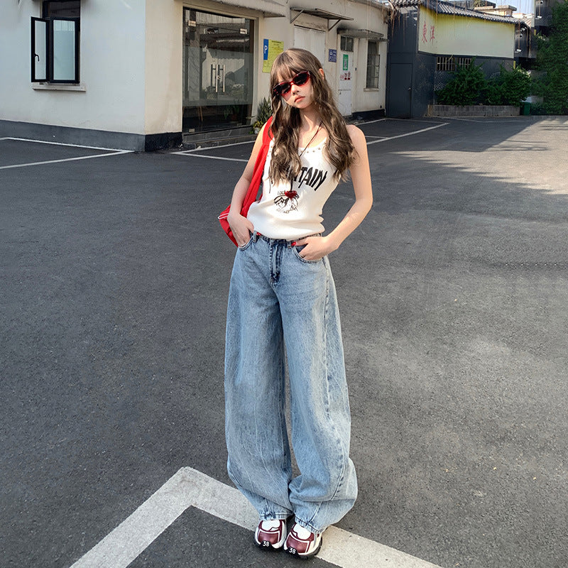 Women's Shallow Blue Wide-Leg Jeans Loose Slim High-Waist Floor-Length Pants