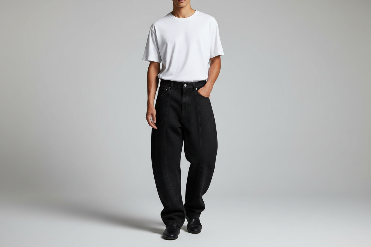 Not this regenerat black long baggy curved jeans where a person wear the trouser and it shows in that person body that is black baggy curved jeans let it be professional